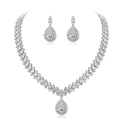 EVER FAITH CZ Marquise Leaf Teardrop Wedding Prom Jewelry Set for Women | Birthstone Pendant Necklace Dangle Earrings - color: Clear