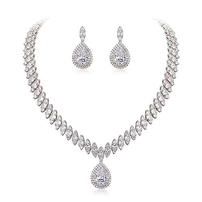 EVER FAITH CZ Marquise Leaf Teardrop Wedding Prom Jewelry Set for Women | Birthstone Pendant Necklace Dangle Earrings - color: Clear