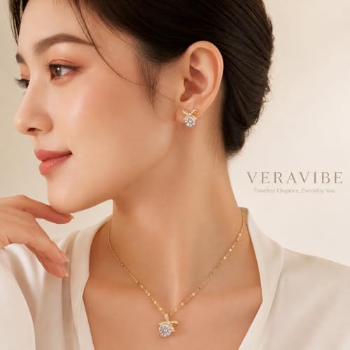 Bowknot Necklace and Earrings Set for Women Gold Plated | Ribbon Pendant, Cubic Zirconia, Sparkling Minimalist, Party Daily Wear, Birthday Gifts