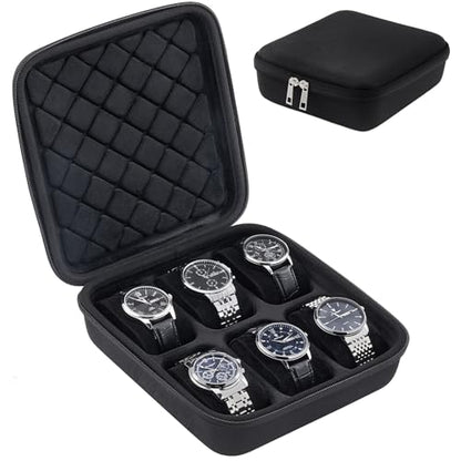 ProCase 6-Slot Travel Watch Case for Men, Hard Shell Storage Box -Black | Travel Watch Box for Watch Bracelet Accessories, Zippered Organizer Bag Fathers Day Gift for Dad - size: 6 Slots