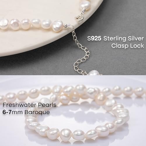 Natural Pearls Necklace, Freshwater Baroque Pearls Necklace for Women's Pearl Strand Choker Necklace 18K Gold Plated & S925 Sterling Silver Clasp White Necklace Chain - color: White, 6-7mm, Silver Clasp