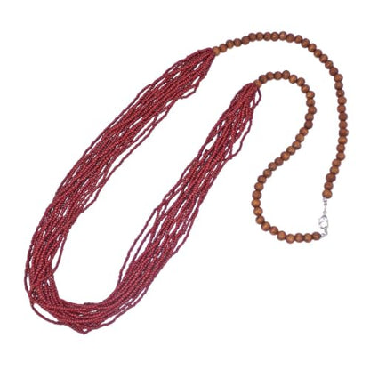 Long Red Multi-Strand Seed Bead Necklace with Wood Beads – 15 Layer Bohemian Statement Necklace, Casual Layered Fashion Jewelry