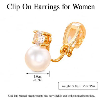 Pearl Clip on Earrings for Women - 14K Gold Silver Plated Cubic Zirconia Non Pierced Ear Clips Jewelry Gifts for Wedding Bridal Party Gifts - color: Gold-10mm