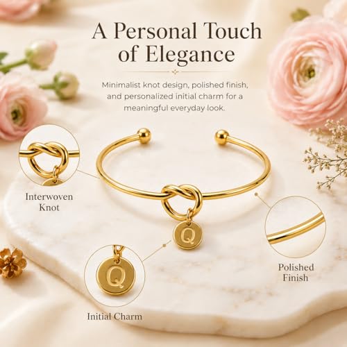 LemonRose Initial Bracelets for Women - Dainty Tie the Knot Letter A-Z 14K Gold Plated for Women Gold Cuff Bracelet for Womens Jewelry Personalized Bridesmaid Proposal Gifts - color: Gold Q