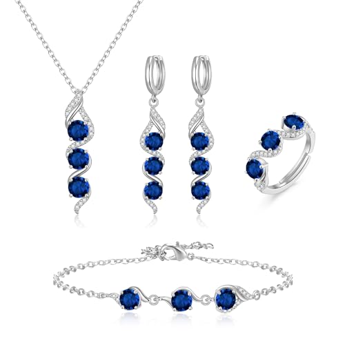 Crysdue Wedding Bridal Teardrop CZ Pendant Necklace Open Ring Dangle Earrings Adjustable Slider Bracelet Jewelry Set, Birthday Mothers Day Christmas Jewellery Gift for Women/Mom/Wife - style: 04-4pcs-Sapphire CZ
