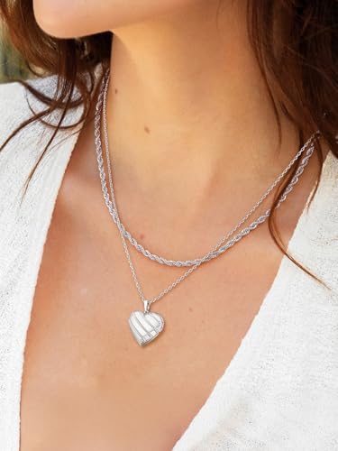 U7 Women Locket Necklace, Heart Photo Lockets Hold Picture, Gift Box Packed | Gold/Silver/Rose Locket Charm, Custom Picture and Engravement Heart Pendant, 20" Chain, Personalized Gift for Mom Wife Friend - color: 05# Platinum Stripe