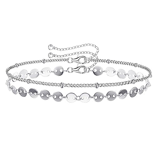 MILACOLATO 925 Sterling Silver Clasp Paperclip Chain Bracelets for Women | 14K White Gold Plated Adjustable Bracelets, Dainty Stackable Layered Satellite Beads Evil Eye Infinity Bracelets Jewelry Gift - color: Coin Chain + Satellite Chain