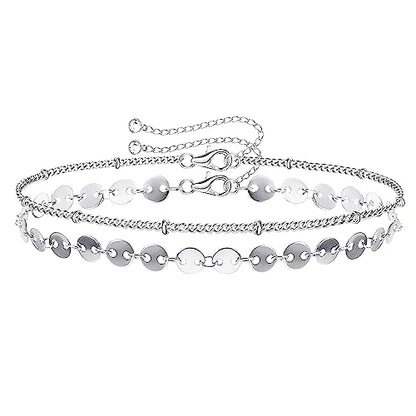 MILACOLATO 925 Sterling Silver Clasp Paperclip Chain Bracelets for Women | 14K White Gold Plated Adjustable Bracelets, Dainty Stackable Layered Satellite Beads Evil Eye Infinity Bracelets Jewelry Gift - color: Coin Chain + Satellite Chain