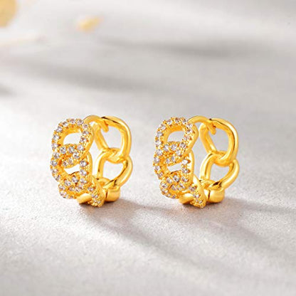 Dremmy Studios Dainty CZ Huggie Hoop Earrings 14K Gold Plated Chunky Simple Cute Thick Round Frill Bead Ball Starburst Cuff Earrings Cubic Zirconia Hoop Earrings Minimalist Personalized Gift for Her - color: Chain E