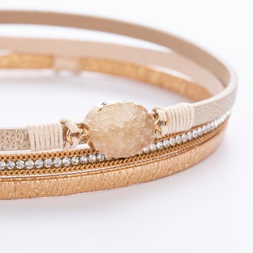 Boho Chunky Leather Wrap Bracelets Stackable Beaded Western Country Jewelry | Crystal Bead Trendy Layered Cuff Magnetic Clasp Stack Bohemian Statement Costume Outfits Cowgirl Fashion Hippie Accessories - color: Cream, size: 14.7"