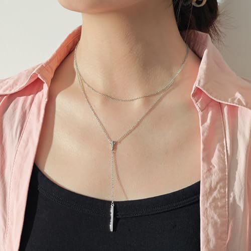 EPIRORA Layered Necklaces for Women, 16” & 20“ Double-Layer Lariat Necklace | 14k Gold/Silver Plated Long Necklaces for Women Trendy Layered Bar Pendant Drop Necklace Lariat Y Necklace Prom Jewelry Gifts - color: Silver