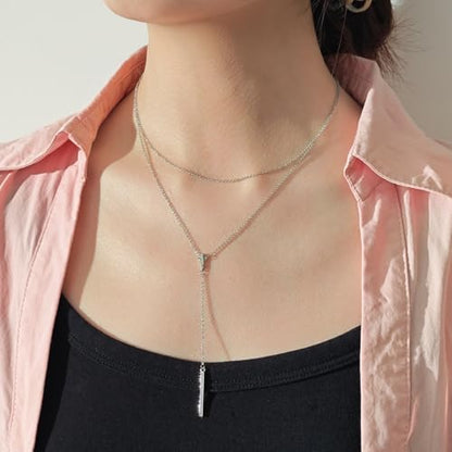 EPIRORA Layered Necklaces for Women, 16” & 20“ Double-Layer Lariat Necklace | 14k Gold/Silver Plated Long Necklaces for Women Trendy Layered Bar Pendant Drop Necklace Lariat Y Necklace Prom Jewelry Gifts - color: Silver