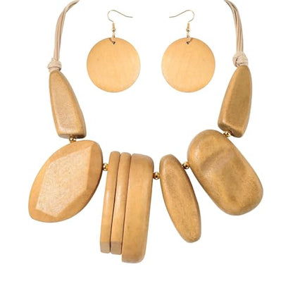 Coiris Chunky Statement Necklace and Earring Sets for Women Boho Wooden Necklaces Earrings Jewelry Set for Women - color: Beige
