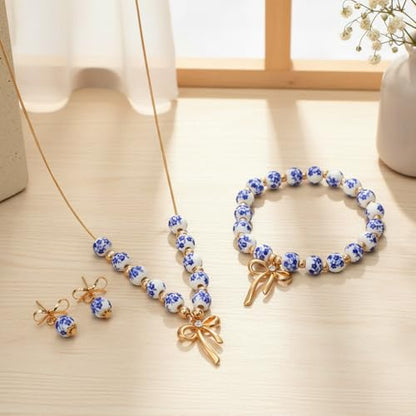 Bow Jewelry Set, Ceramic Bracelet Necklace and Earring Sets for Women with Bow Tie, Handmade Vintage Beads Ceramic Jewelry Gift