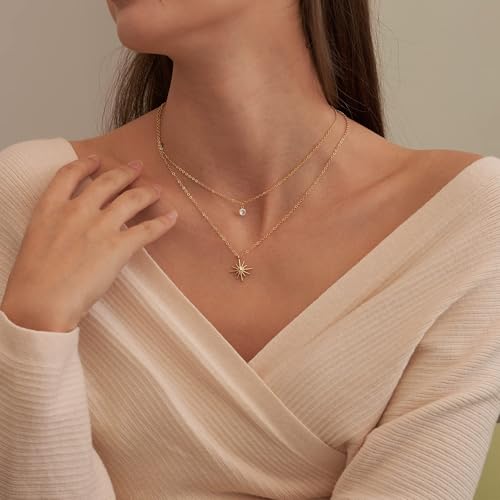 NECOCY Layered Gold Necklaces for Women Dainty Chokers Necklace Silmple Stackable Cubic Zirconia Necklace Non Tarnish Vacation Jewelry Trendy Gifts for Women - style: Layered chain CZ Sun
