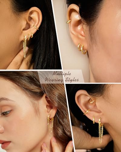 Tassel Chain Small Gold Hoop Dangle Earring For Women Huggie Earring Heart Star CZ 14K Gold Plated Fashion Jewelry Graduation Gift for Her Mothers Day Gifts for Mom - color: Gold-4 Pairs C