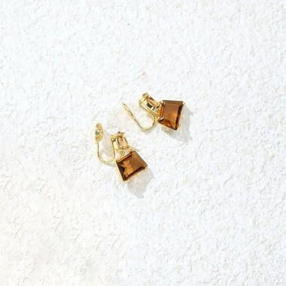 Flyonce Brown Earrings for Women, Sparkly Rhinestone Crystal Hypoallergenic Simple Dainty Small Triangle Drop Dangle Earring for Formal Summer Holiday - style: Clip-on