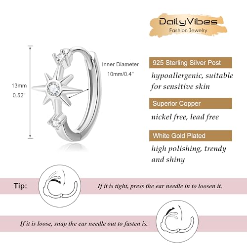DAILY VIBES Dainty Small Star Huggie Hoop Earrings for Women Trendy | 925 Sterling Silver Post, 14K Gold or Silver Plated, Mini Cubic Zirconia, Cartilage Hoop Earrings - color: Silver Small Star