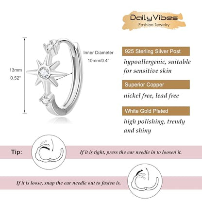 DAILY VIBES Dainty Small Star Huggie Hoop Earrings for Women Trendy | 925 Sterling Silver Post, 14K Gold or Silver Plated, Mini Cubic Zirconia, Cartilage Hoop Earrings - color: Silver Small Star