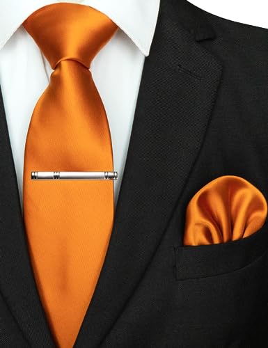 JEMYGINS Mens Solid Color Formal Necktie and Pocket Square, Tie Clip Sets - color: Orange