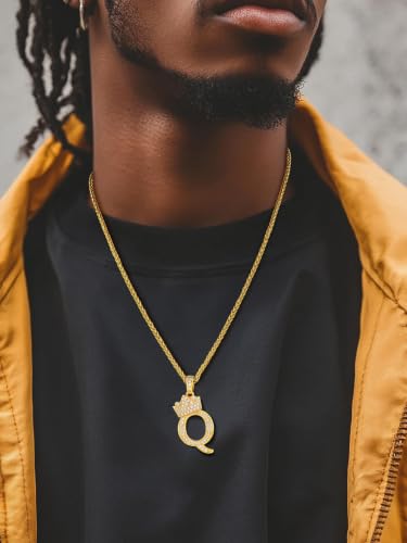 U7 Crown Initial Necklace Men Women, Bling Diamond A-Z 0-9 Letter Pendant with Wheat Chain, Silver/Black/Gold Plated CZ Alphabet Number Hip Hop Jersery for Father Husband - color: a. Gold, size: 17. Q