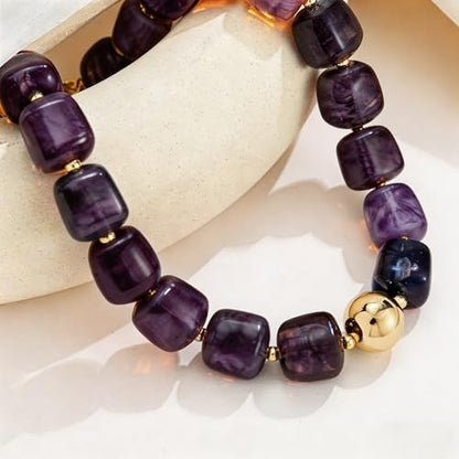 Colorful Statement Chunky Beaded Necklace for Women Large Square Resin Beads Y2K Trendy Bold Summer Vacation Boho Choker Jewelry - color: Purple
