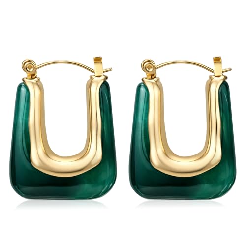 Chunky Gold Boho Hoop Dangle Earrings for Women Gold Plated Hypoallergenic Vintage Stainless Steel Resin Drop Prom Earrings Summer Prom Maximalist Jewelry Gift - color: Rectangle/Green