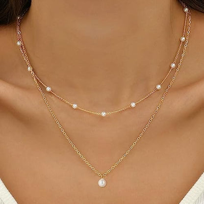 Gold Pearl Necklace For Women - 14K Gold Plated Layered Herringbone Chain Pearl Necklace, Trendy Simple Gold Jewelry Gift - color: Layered Satellite Pearl-Gold