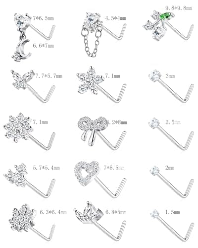 BSJ4U Nose Rings L Shaped for Women Nose Piercings 20G Surgical Stainless Steel Nose Studs CZ Heart Butterfly Flower Cherry Bow Moon Dangle Nose Piercing Jewelry - color: Silver Clear Nose Rings