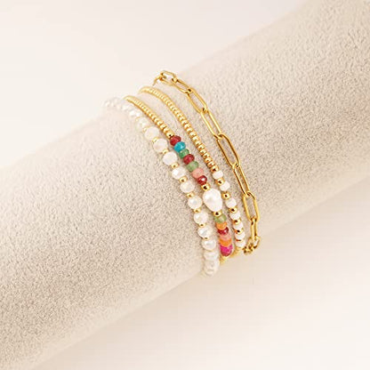 Dainty Gold Plated Pearl Crystal Beaded Bracelets Set for Women 14K Gold Plated Bead Pearl Beads Bracelet Stackable Paperclip Link Chain Bracelets Gold Plated Bracelets for Women Trendy Jewelry - color: Style1