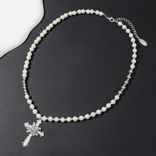 Bocar Gothic Cross Layered Pearl Necklace Chunky Statement Stacked Necklace Y2K Silver Layered Necklace for Women (NK-10769) - color: 799-White