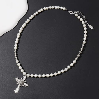 Bocar Gothic Cross Layered Pearl Necklace Chunky Statement Stacked Necklace Y2K Silver Layered Necklace for Women (NK-10769) - color: 799-White