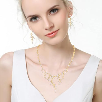 Bridal Wedding Jewelry CZ Set Marquise Teardrop Cubic Zirconia Pendant Necklace and Dangle Earring Bracelet Sets for Women - color: Gold - 03