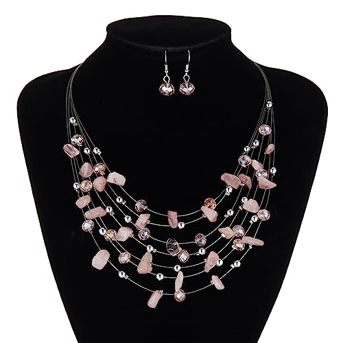 Multi-Layer Boho Shell Beaded Necklace for Women Colorful Crystal Strand with Silver Beads Statement Collars Necklace and Earrings Costumes Jewelry Sets for Women - color: 48-Pink