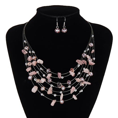 Multi-Layer Boho Shell Beaded Necklace for Women Colorful Crystal Strand with Silver Beads Statement Collars Necklace and Earrings Costumes Jewelry Sets for Women - color: 48-Pink