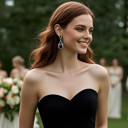 Women's Wedding Bridal Crystal Emerald Cut Infinity Figure 8 Chandelier Clip-On Dangle Earrings - color: New Black Black-Tone