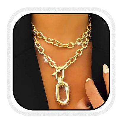 CLOACE Chunky Choker Necklaces Layered Pendant Necklace Chain Punk Thick Necklace Accessories for Women - color: gold