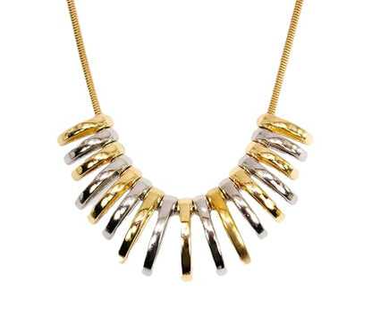 Silver and gold necklace designed with dome shape metal links attached to a snake chain. Two tone fashion necklace.
