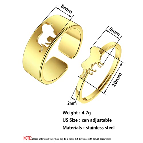 2PCS Matching Cute Animals Promise Engagement Rings for Couples Men Women Jewelry Band Sets 316L Stainless Steel Adjustable Open Ring - color: Lion-g