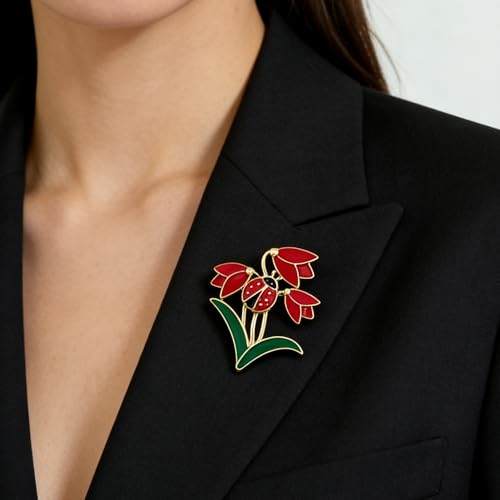 Nature Inspired Tulip Ladybug Enamel Lapel Pin Delicate Floral Brooch Creative Women Fashion Jewelry for Dress Scarf Suit Bag Clothing Accessories Gift - color: Red