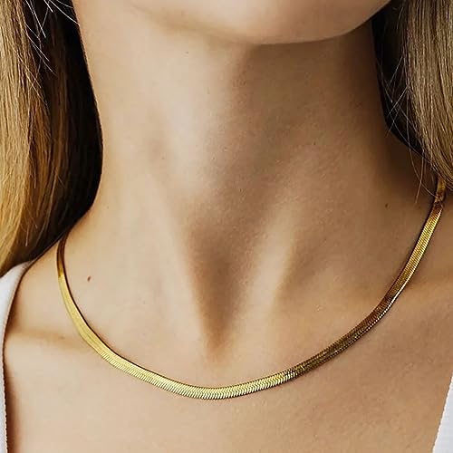 Dainty Choker Necklace for Women 18K Gold Plated Shining Dots Box Chain Sparkle Necklaces Cute Paperclip Link Herringbone Necklace Exquisite Jewelry Gifts for Mom Girlfriend - style: 5mm Herringbone GD