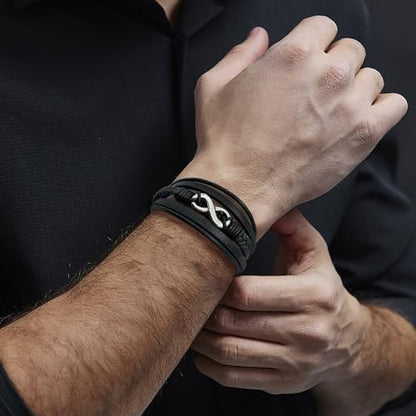 Men's Leather Infinity Bracelet Stainless Steel Number 8 Wristband Cuff Bangle Bracelets Gifts for Men, 8.3 & 9.1 inches - color: 02.Five-layers leather & silver infinity, size: 8.3inch(Fits most wrists.)
