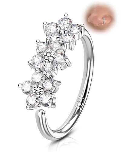 20G 925 Sterling Silver Small Thin Nose Ring Hoop for Women, Silver 7mm - 8mm Adjustable Half Hoop Nostril Piercing Jewelry - color: Z-Flower