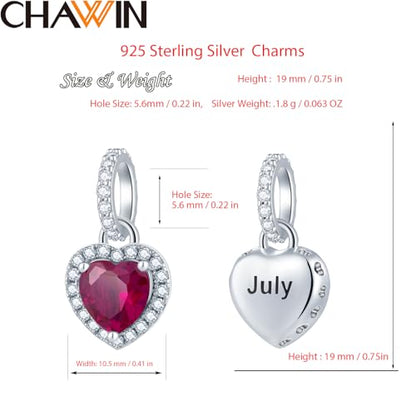 CHAWIN Birthstone Charms, 925 Sterling Silver Heart Dangle Charm, Sparkling CZ Compatible with Pandora Charm Bracelet, Necklace, Birthday Gifts for Women/Wife/Mother - style: 07# July
