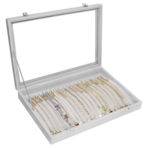 Vicoter 20 Hooks Necklace Organizer,Velvet Necklace Holder Tray with Lid | Jewelry Organizer for Necklace Pendant Chain,Women Jewelry Box,for Home Use and Jewelry Store,Jewelry Display for Drawer - color: Grey, size: 20 Hook
