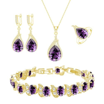 GZWHD Jewelry Set for Women CZ Earrings Necklace Ring Bracelet Set Prom Party Wedding Jewelry Gift for Mother Friend Wife - color: B-Gold-Purple