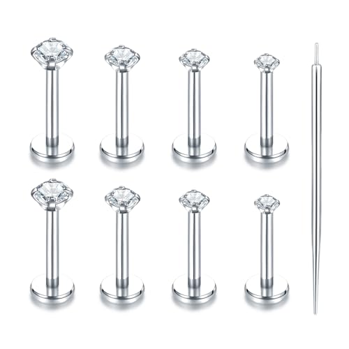 Oveta Threadless Push in Lip Rings 16G/18G/20G Labret Jewelry CZ Lip Studs Stainless Steel Cartilage Earrings for Women Monroe Medusa Piercing Jewelry 6/7/8/10/12mm Bar Length - color: Silver, size: 16G*8mm bar*1.5/2/2.5/3mm cz