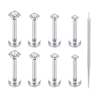 Oveta Threadless Push in Lip Rings 16G/18G/20G Labret Jewelry CZ Lip Studs Stainless Steel Cartilage Earrings for Women Monroe Medusa Piercing Jewelry 6/7/8/10/12mm Bar Length - color: Silver, size: 16G*8mm bar*1.5/2/2.5/3mm cz