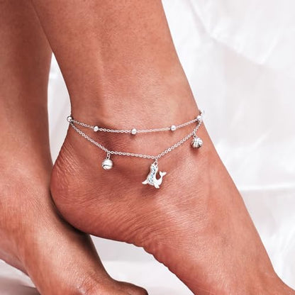 CHIC & ARTSY 925 Sterling Silver Ankle Bracelets for Women, Adjustable Layered Foot Chains with Nature & Symbol Charms, Lightweight Comfort Fit Boho Beach Everyday Jewelry - color: 1# Dolphins Anklet