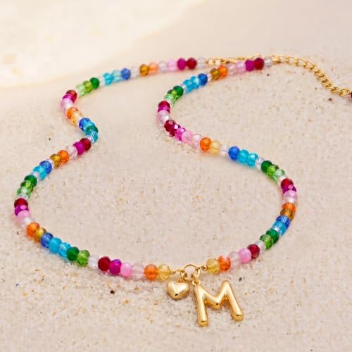 Initial Necklace for Women Colorful Beaded Necklaces Initial Heart Bubble Letter Necklace Summer Necklace Jewelry Gift - color: M